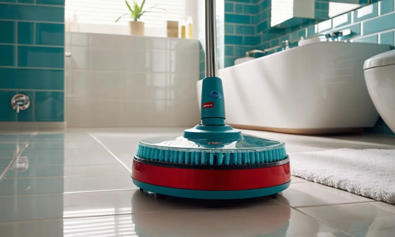 A close-up shot of a sleek electric spin scrubber, surrounded by sparkling tiles and glistening bathroom fixtures, showcasing its effectiveness in deep cleaning and maintaining a pristine bathroom.