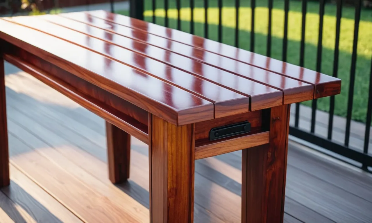 A close-up shot capturing the rich, glossy finish of outdoor furniture coated with the best wood stain, highlighting its durability and enhancing the natural beauty of the wood grain.