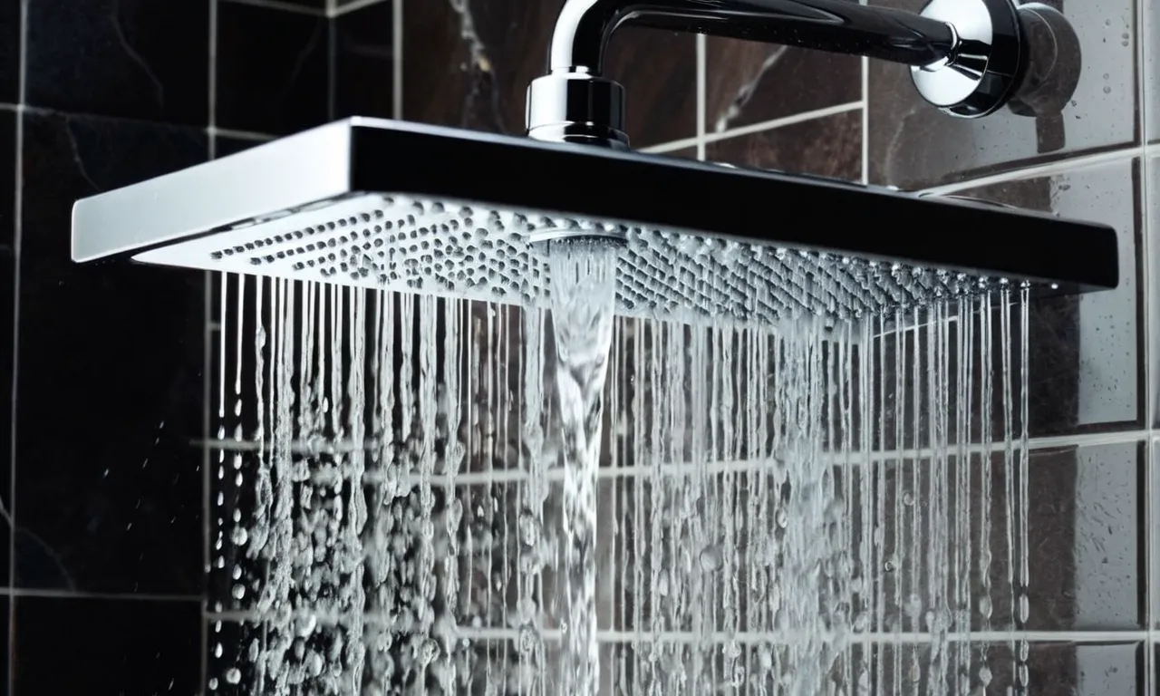 A close-up shot of a luxurious rain shower head, capturing the water cascading down like a gentle rainfall, creating a soothing and rejuvenating experience.