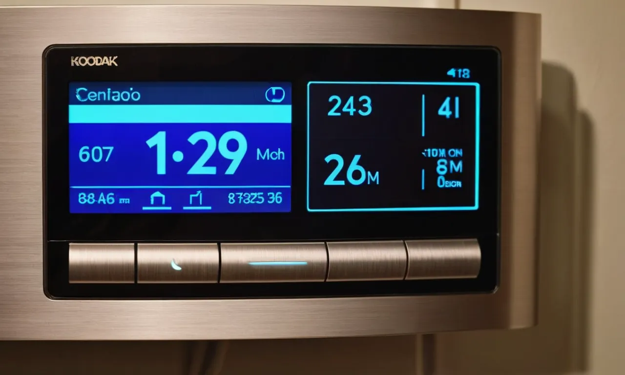A close-up shot of a sleek thermostat display, showcasing its advanced features for heat pump control and emergency heat functionality, capturing its modern design and user-friendly interface.