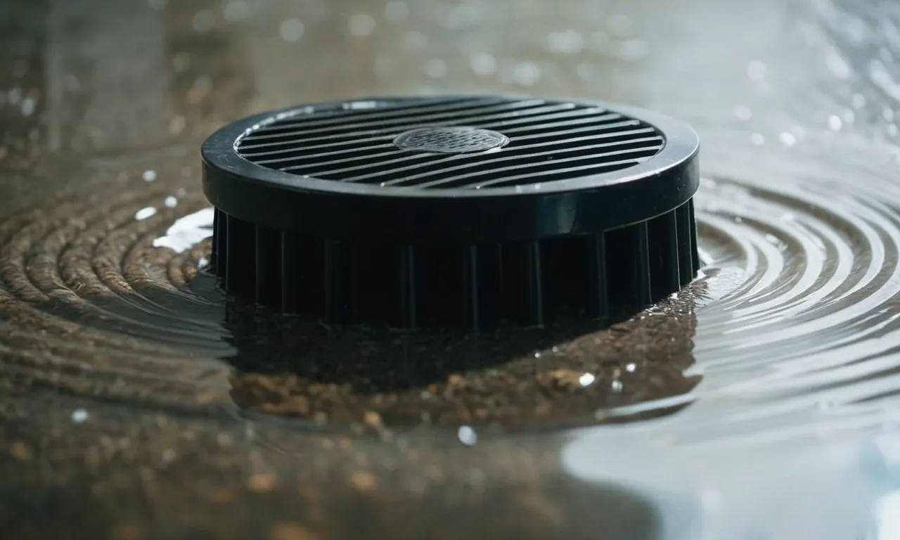 A close-up shot showcasing a flat shower drain with a hair catcher placed on top, capturing strands of hair that would otherwise clog the drain.