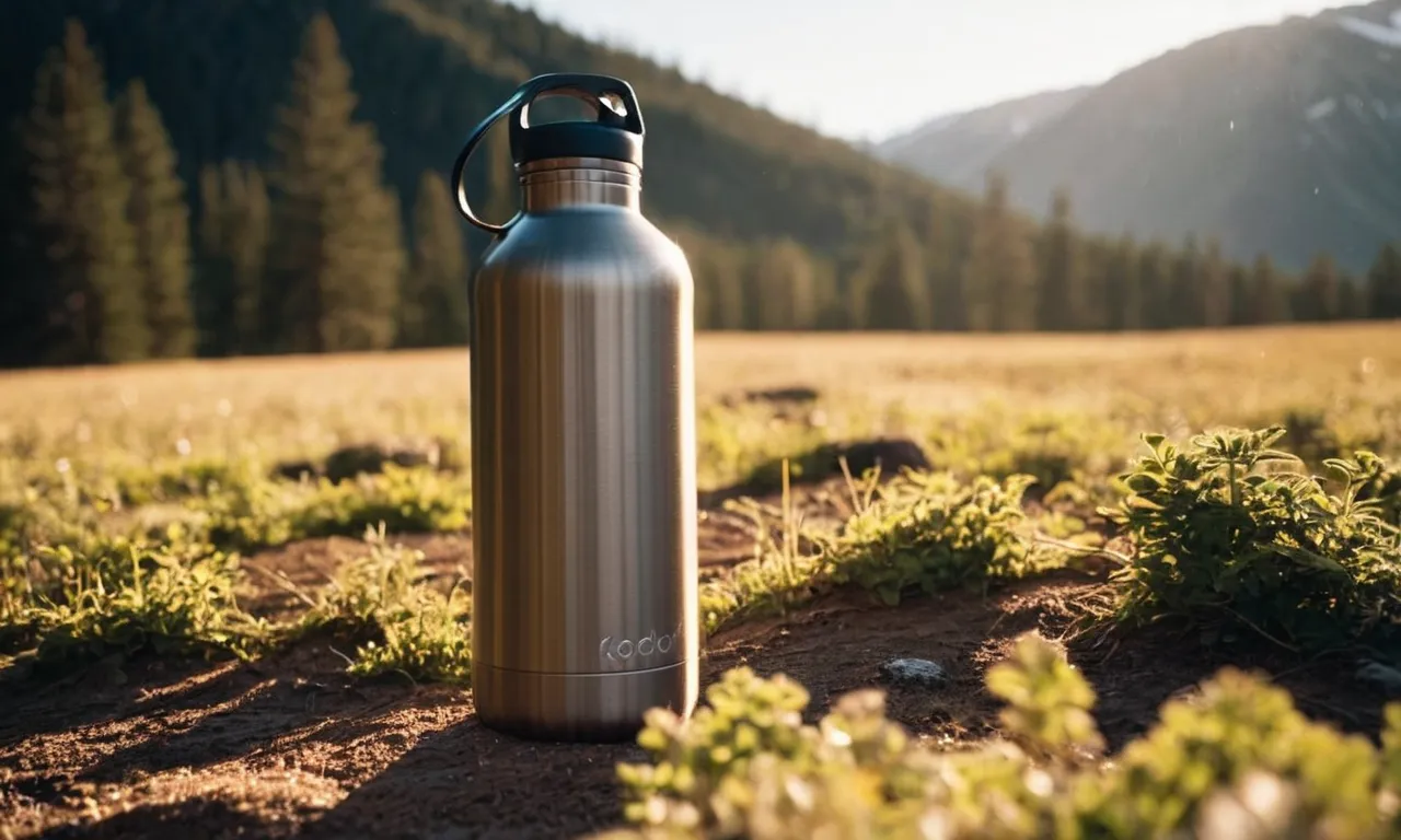A close-up shot of a sleek, stainless steel 64 oz insulated water bottle glistening in the sunlight, condensation forming on its surface, inviting hydration and adventure.