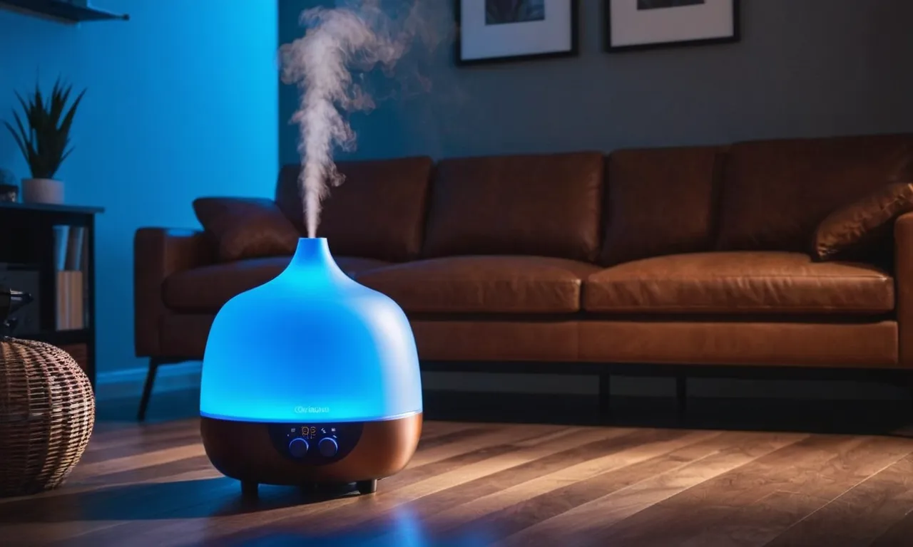 Close-up shot of a sleek, modern humidifier emitting a gentle mist. Vibrant blue and warm orange LED lights create a captivating ambiance, enhancing the soothing experience of the best warm and cool mist humidifier.