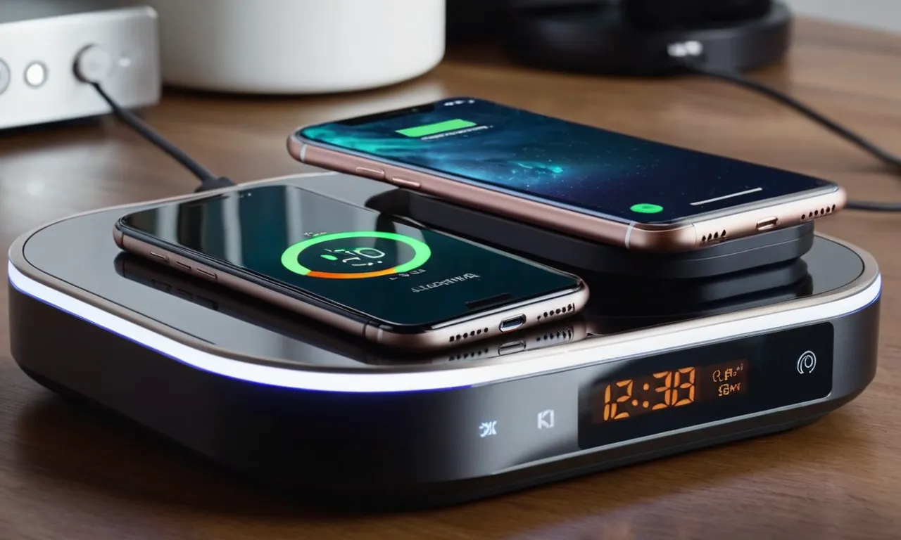 A close-up shot of a sleek alarm clock with a wireless charging pad, displaying the time and a smartphone being charged, capturing modern convenience and functionality.