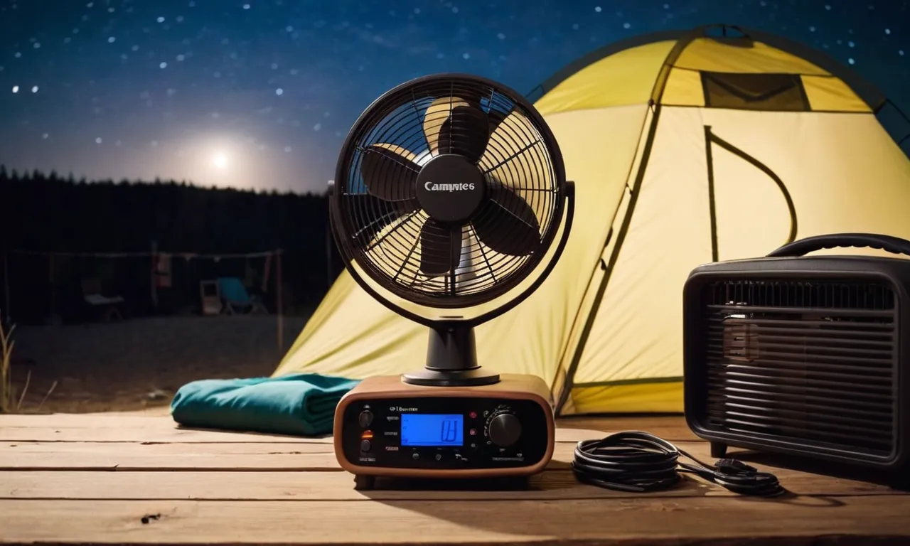 A close-up shot of a compact, portable fan resting on a rustic wooden camp table, surrounded by camping gear, under a starry night sky.