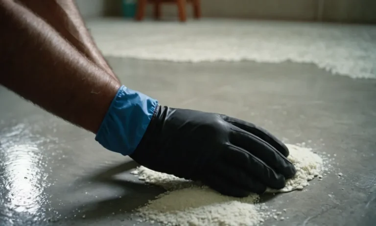 A close-up shot capturing a gloved hand meticulously applying a powerful adhesive remover onto a concrete surface, revealing a clean and spotless floor, free from any remnants of carpet glue.