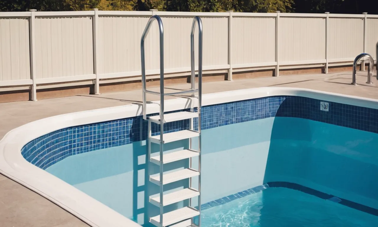A close-up photo of a sturdy and wide above ground pool ladder with non-slip steps and handrails, designed to provide safe and easy access for elderly individuals.