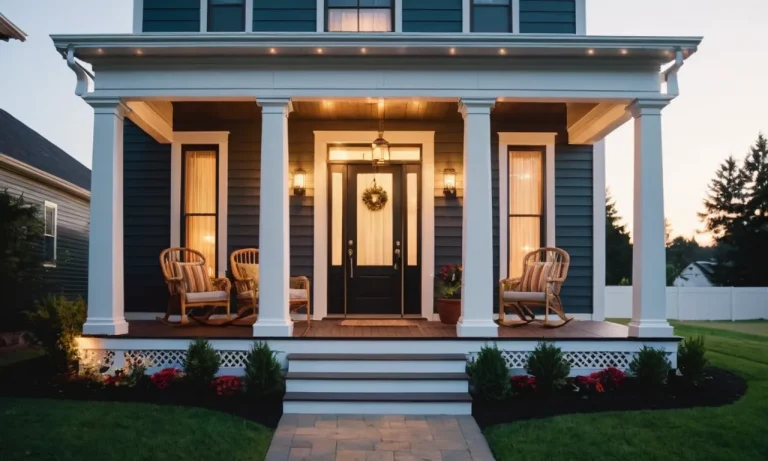 A captivating photo captures a beautifully illuminated front porch at dusk, showcasing the warm glow of the best outdoor lights casting a welcoming ambiance and highlighting the architectural features of the house.
