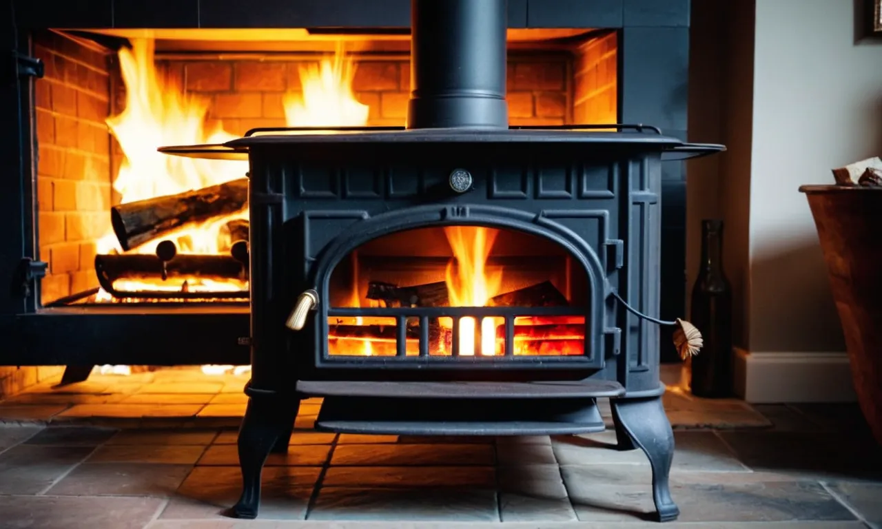A close-up photograph capturing the elegant design of a heat powered wood stove fan, positioned atop a crackling fire, spreading warmth and comfort throughout the room.