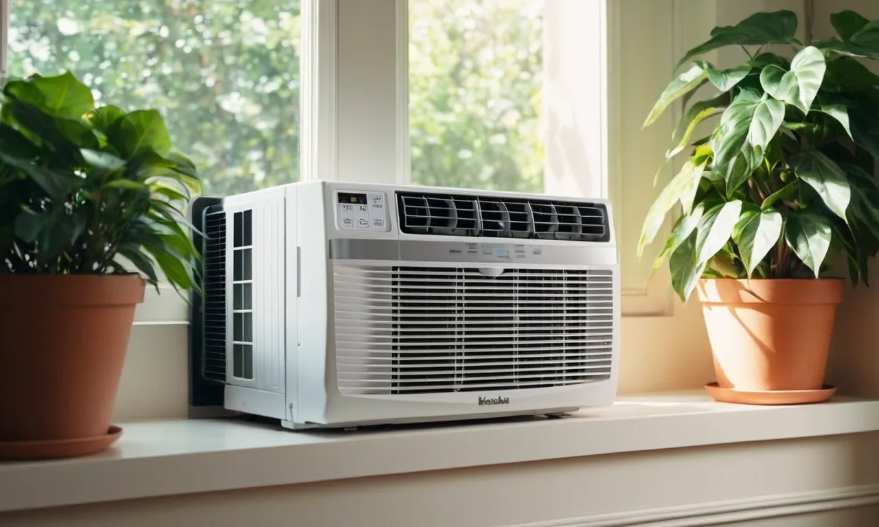 A close-up shot of a sleek, energy-efficient 10,000 BTU window air conditioner, perfectly installed and surrounded by lush green plants, creating a cool and refreshing oasis in a sunlit room.