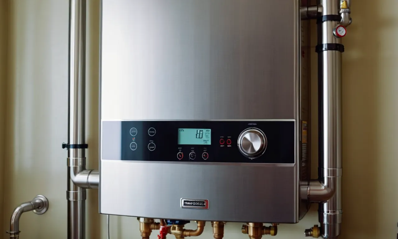 A close-up shot of a sleek and modern gas tankless hot water heater, installed neatly on the wall, surrounded by pipes and valves, ready to provide efficient and endless hot water supply.