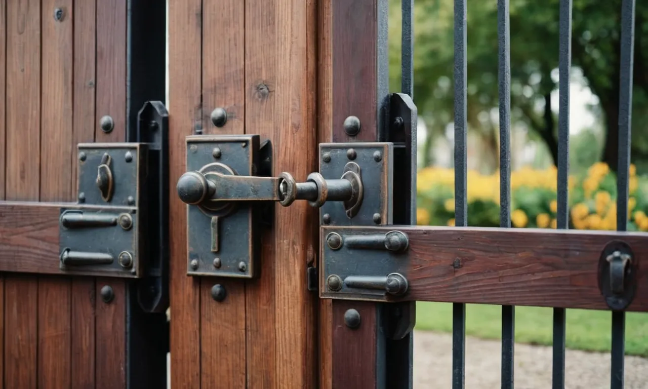 A close-up shot capturing the sturdy and reliable hinges seamlessly supporting a massive wooden gate, showcasing their durability and ability to effortlessly handle heavy loads.