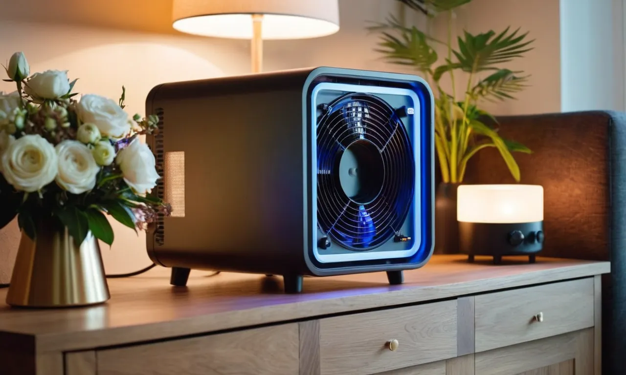 A captivating photo showcasing a sleek, modern air machine nestled among fragrant flowers, filling a cozy home with the best scents, its soft glow illuminating the room with a sense of calm.