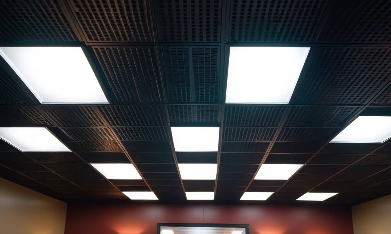 A close-up shot capturing the sleek and modern design of drop ceiling tiles in a basement, enhancing the overall aesthetic and functionality of the space.