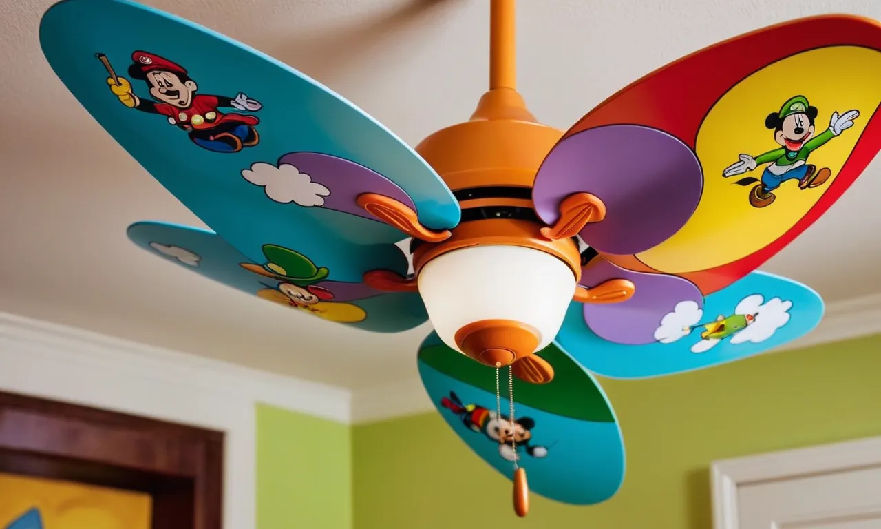 A close-up shot of a colorful, whimsical ceiling fan adorned with playful cartoon characters, providing a gentle breeze for a child's room while adding a touch of charm and fun.