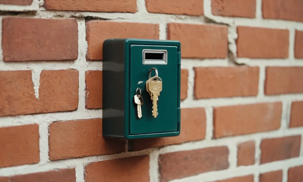 A close-up shot of a sturdy, weatherproof key lock box mounted on a brick wall outside a house, providing a secure and convenient way to store and access keys for authorized individuals.