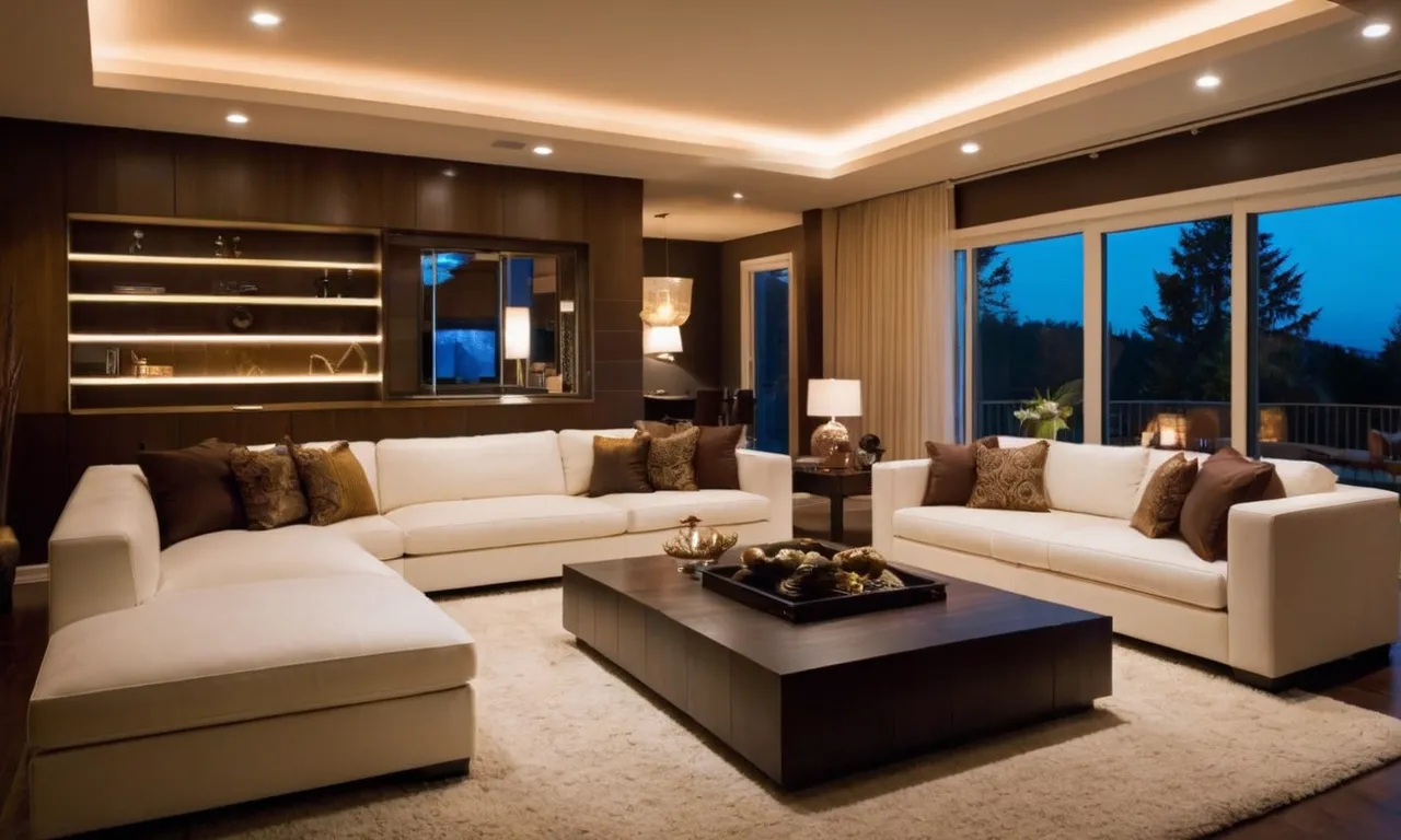 A well-lit living room showcases the elegance of recessed lighting, with its soft glow highlighting the room's features, creating a cozy and inviting atmosphere for relaxation and entertainment.