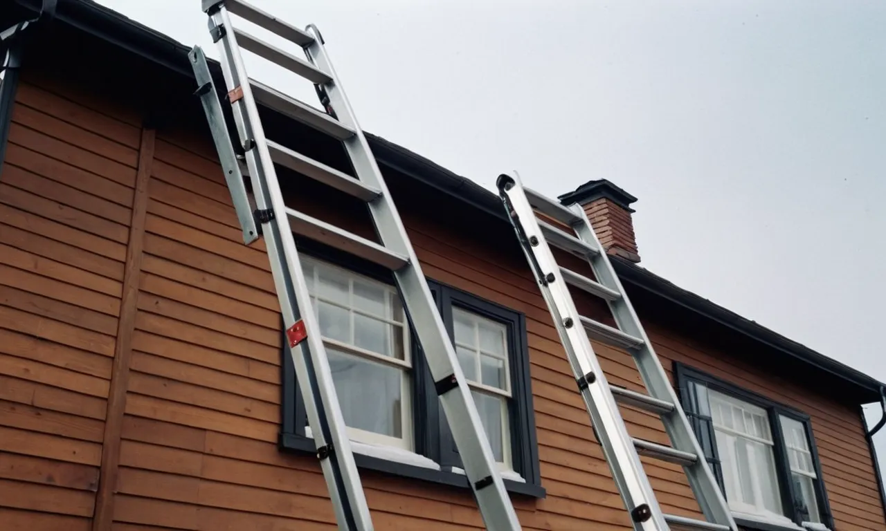 A photo capturing a sturdy, extendable ladder leaning against a house, reaching the roof effortlessly, showcasing the ideal tool for safe and convenient access to elevated areas.