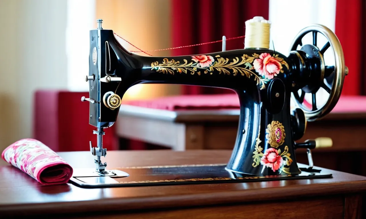 A close-up shot of a professional singer sewing machine, adorned with intricate floral patterns and vibrant thread, highlighting its heavy-duty construction and precision performance.