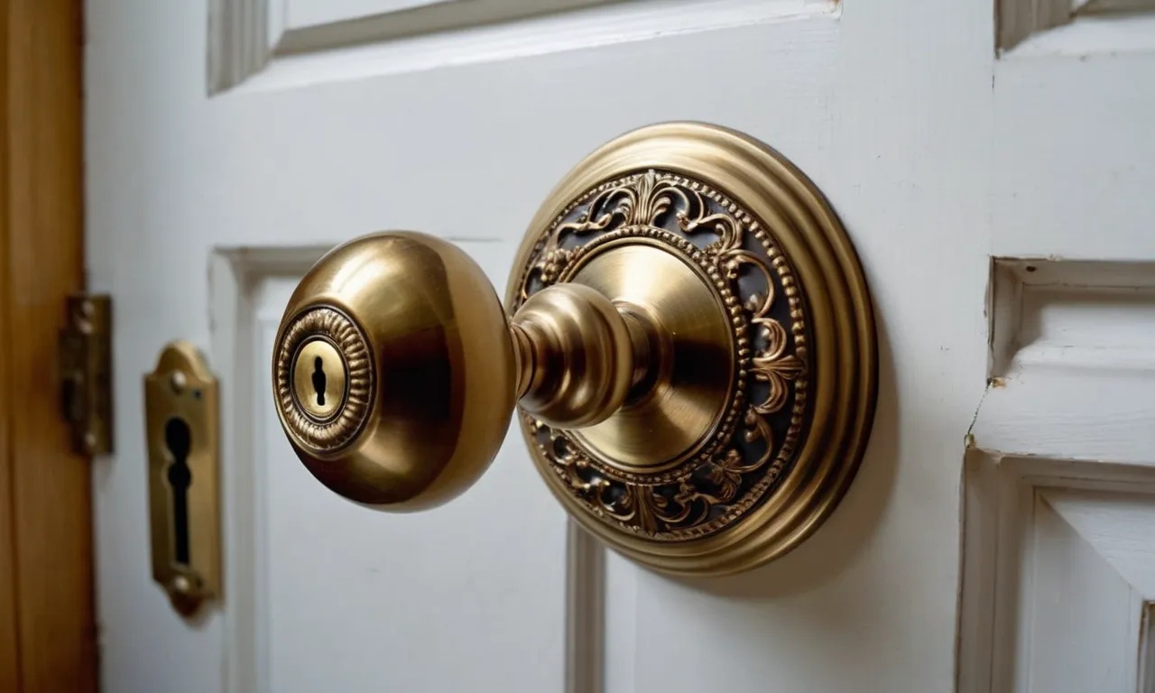 A close-up shot capturing the intricate design of a polished brass door knob, adorned with a vintage keyhole plate, adding elegance and charm to a front door.