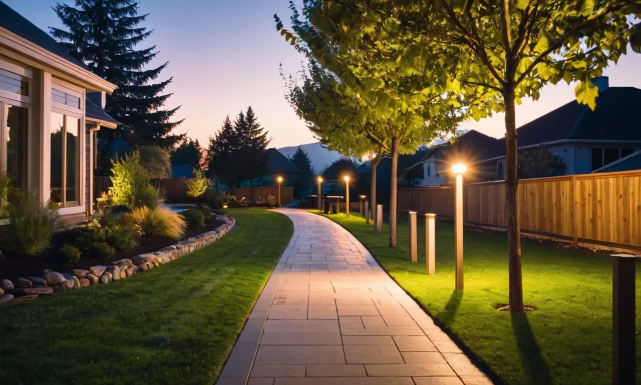 A stunning image captures a beautifully lit pathway at dusk, thanks to wireless outdoor motion sensor lights. The lights illuminate the surroundings, creating a safe and inviting atmosphere.