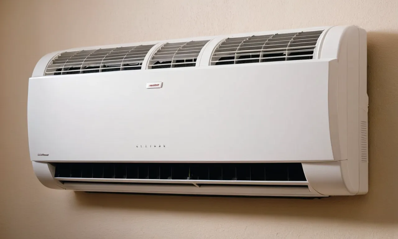 A close-up shot of a sleek, modern split-unit AC and heat system installed on a pristine white wall, emitting a gentle breeze while maintaining the perfect temperature in the room.