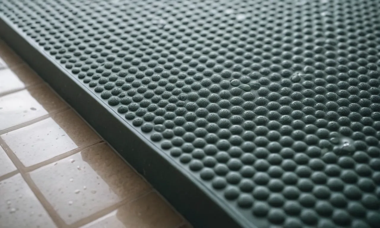 A close-up photo of a non slip shower mat for seniors, showcasing its textured surface and secure grip, providing safety and stability while showering.