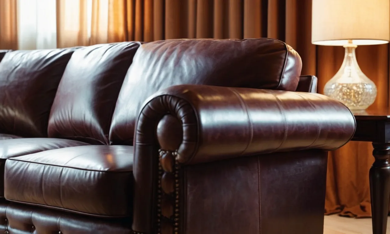 A close-up shot of a luxurious leather sofa, gleaming under soft lighting, showcasing its immaculate condition after being treated with the best leather cleaner and conditioner for furniture.