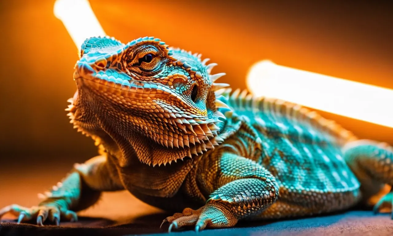 A close-up shot capturing the vibrant glow of a bearded dragon basking under the perfect UVB bulb, showcasing its healthy and radiant scales.