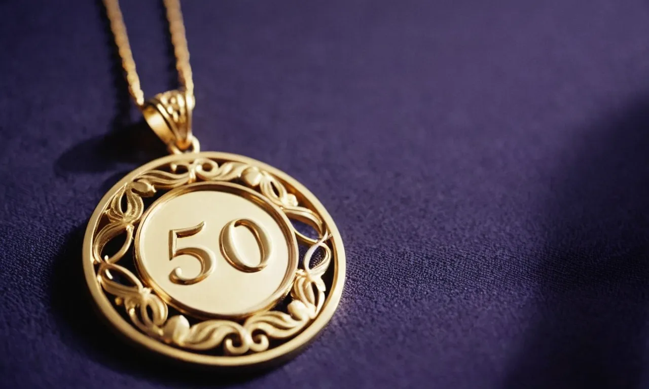 A close-up shot of a beautifully crafted gold pendant, delicately engraved with "50 years of love" - the perfect gift to celebrate a 50th wedding anniversary.
