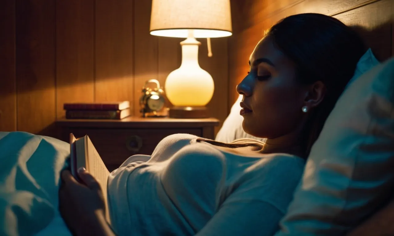 A dimly lit room with a person engrossed in a book, illuminated by a small bedside lamp casting a soft glow, their partner peacefully asleep beside them.