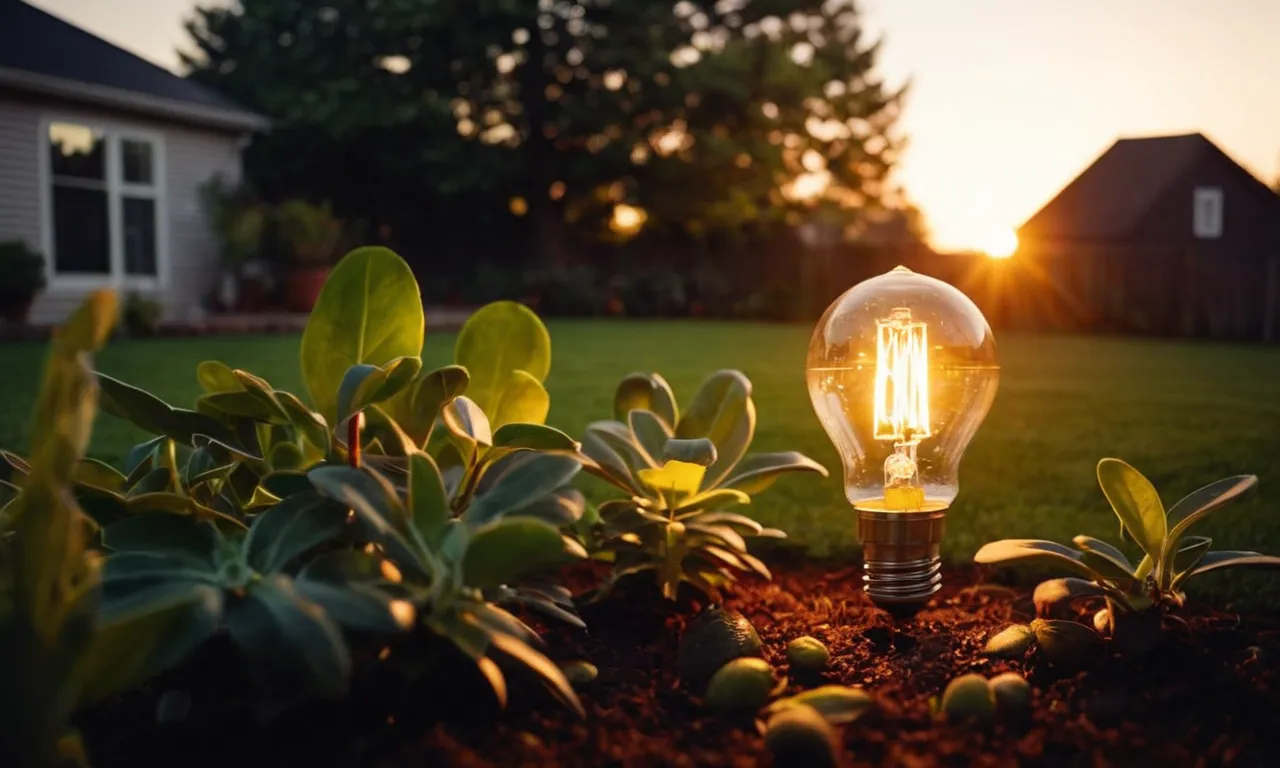 A captivating photograph showcasing the warm glow of a dusk to dawn light bulb illuminating a tranquil garden, casting enchanting shadows and creating a peaceful ambiance as the sun sets.