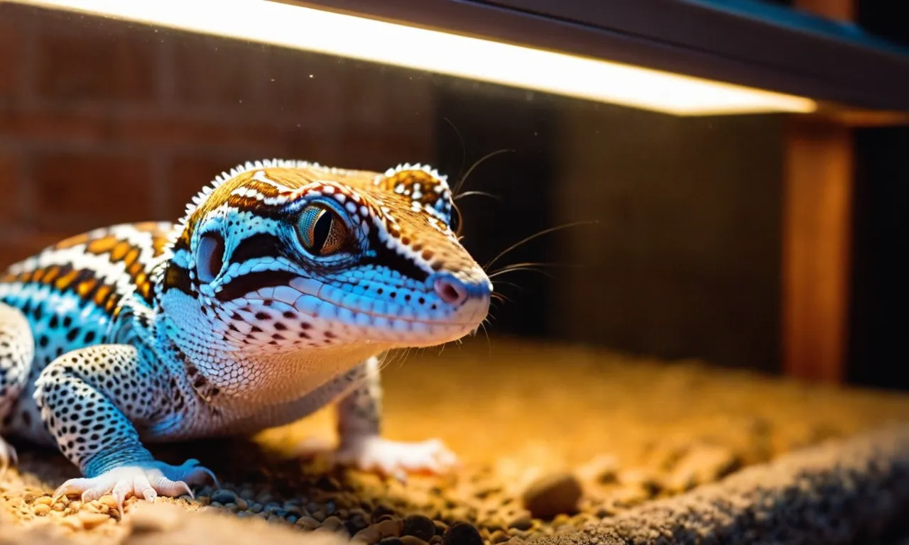 A close-up shot of a leopard gecko basking under a warm, well-lit heat lamp, showcasing the perfect lighting and temperature setup for optimal gecko health and comfort.
