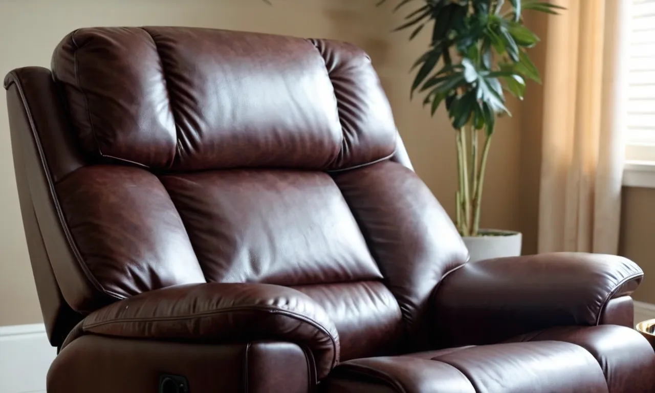 A close-up shot of a luxurious recliner, featuring ergonomic design with lumbar support and a contoured headrest, providing ultimate comfort and relief for back and neck pain sufferers.