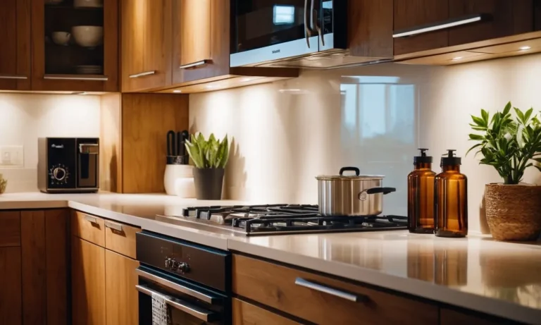 A close-up shot captures the warm glow of battery-powered under cabinet lighting illuminating a modern kitchen, showcasing its practicality and convenience.