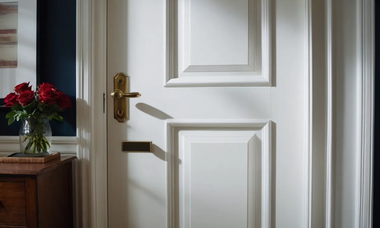 A close-up shot capturing a freshly painted white interior door, showcasing its smooth texture and flawless finish, enhancing the overall aesthetics of the room.