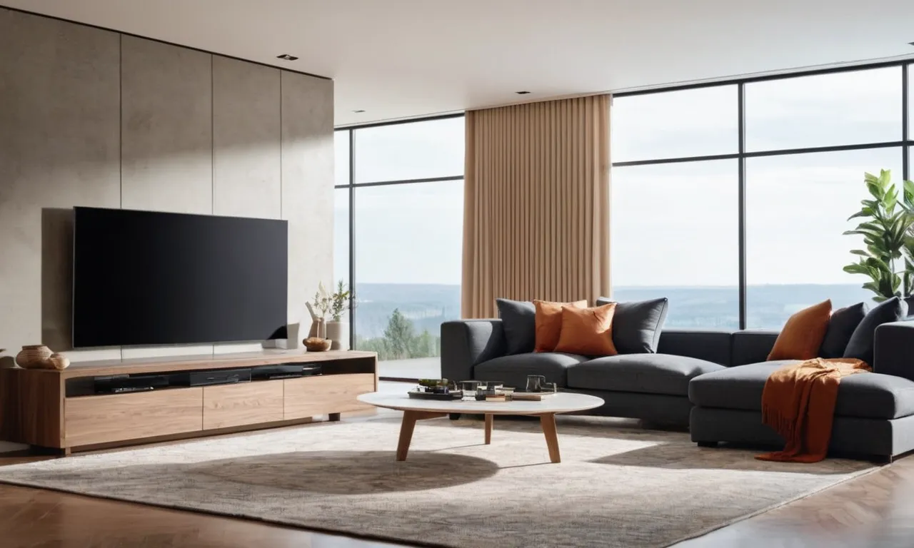A photo of a spacious living room bathed in natural light, showcasing a sleek and modern air purifier quietly and efficiently cleaning the air, ensuring a healthy and pure environment for a 1000 sq ft space.