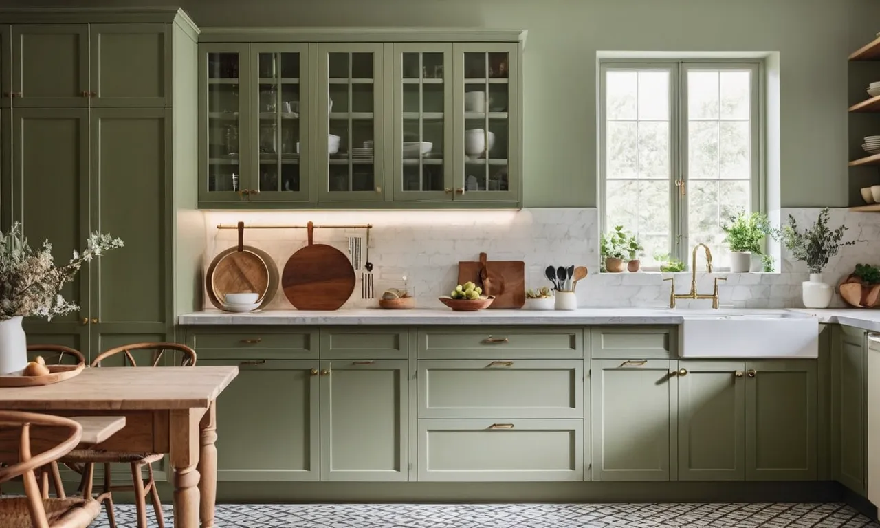 A captivating photo capturing a sage green kitchen cabinet with a sleek design, perfectly complementing the space. The soft hue exudes tranquility and elegance, enhancing the overall aesthetic of the kitchen.