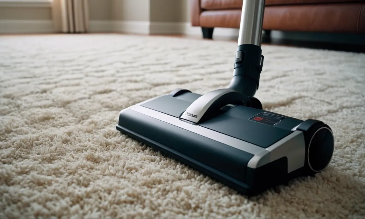 A close-up shot of a sleek, modern vacuum effortlessly gliding over a pristine low pile carpet, capturing the efficiency and effectiveness of the best vacuum for low pile carpet.
