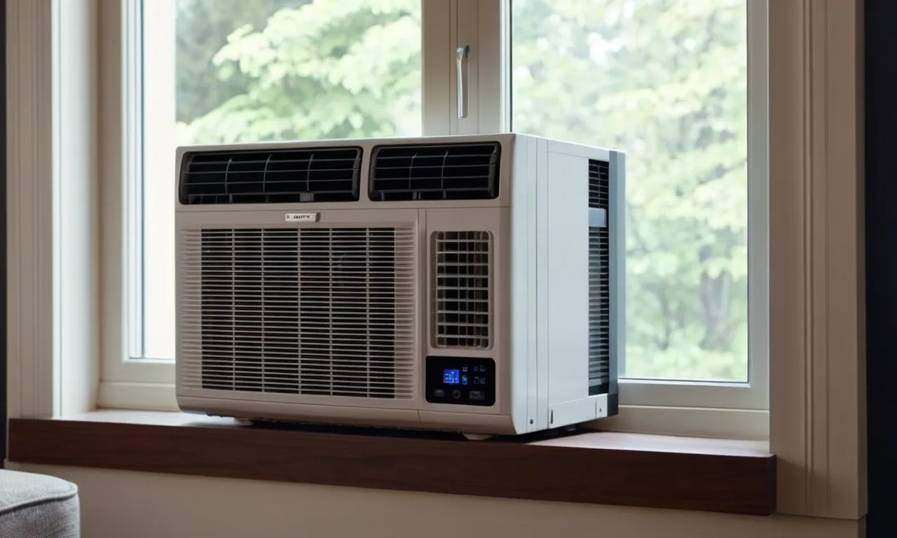 A close-up shot of a sleek, compact air conditioner unit perfectly fitted into a sliding window, showcasing its efficiency and seamless integration with the surrounding environment.
