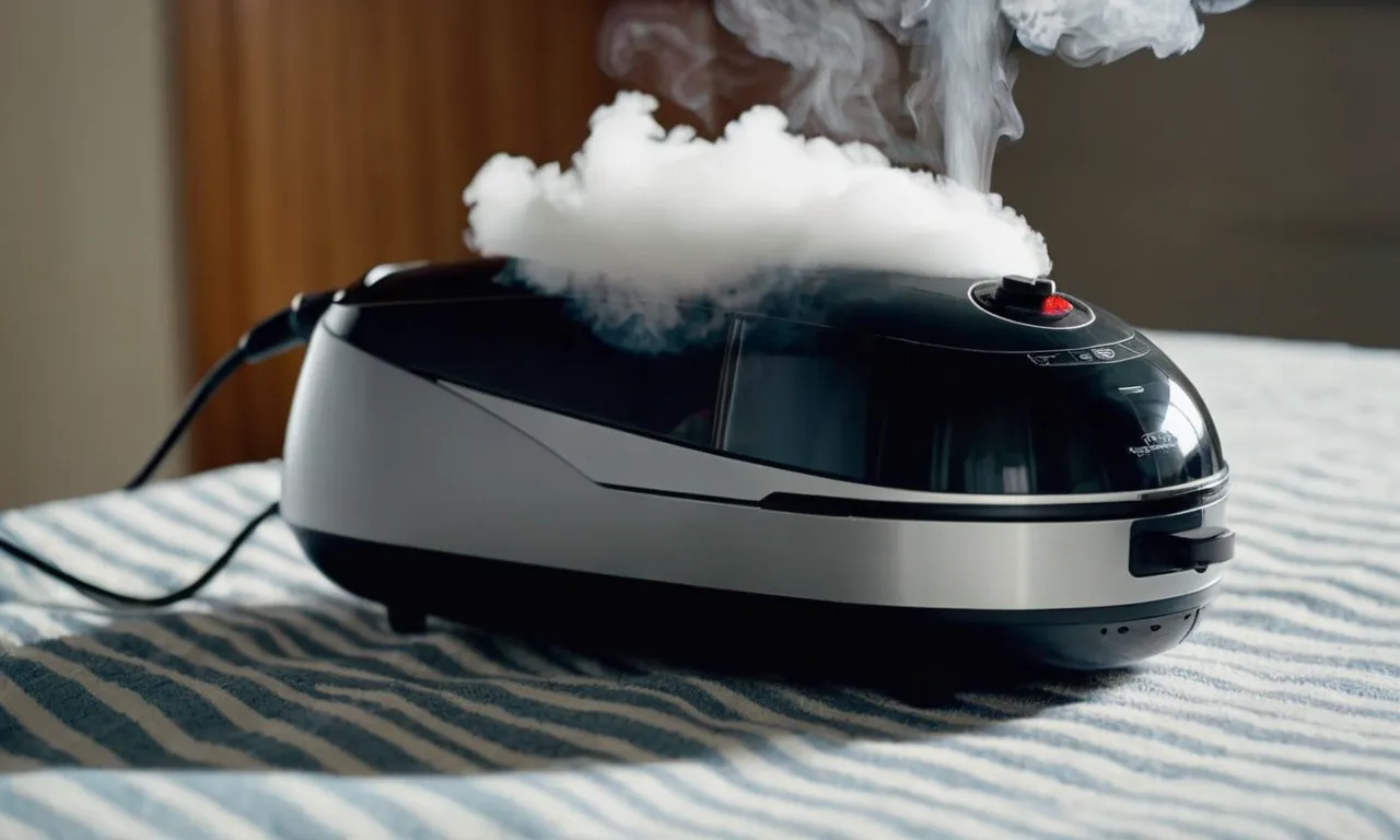 A close-up shot capturing a sleek, compact handheld steamer delicately releasing a cloud of steam, effortlessly transforming wrinkled fabric into smooth, wrinkle-free perfection.