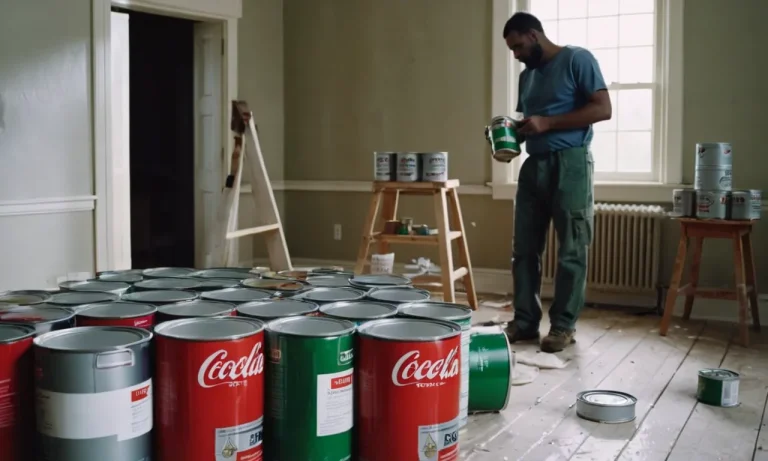 A snapshot of a painter standing in a freshly painted room, paintbrush in hand, surrounded by half-empty cans and drop cloths, capturing the anticipation of a completed project.