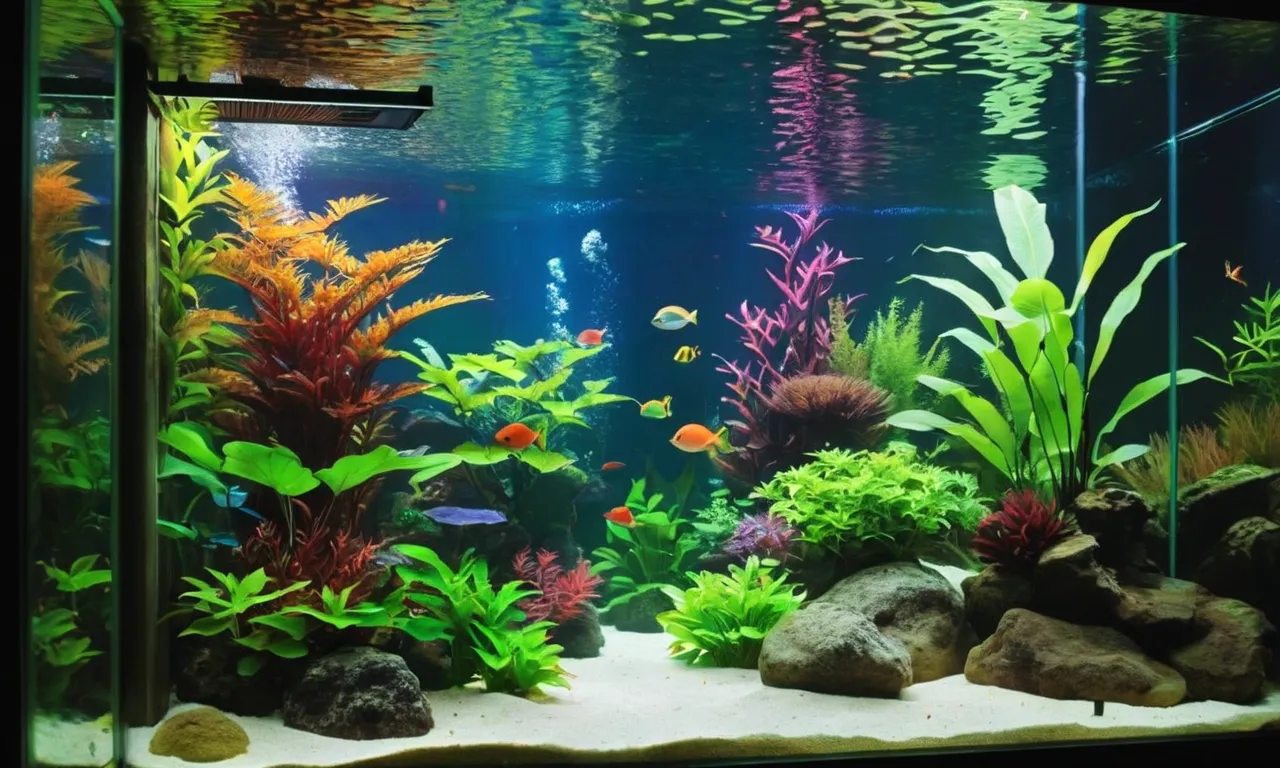 A mesmerizing photo of a lush planted aquarium bathed in vibrant and carefully calibrated LED lights, illuminating the colorful foliage and accentuating the natural beauty of the aquatic habitat.