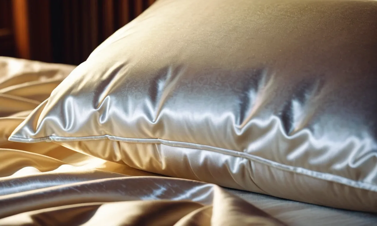 The photo captures a luxurious satin pillowcase, its soft surface reflecting light, enticing the viewer to experience its gentle touch, promising hair and skin rejuvenation during restful slumber.