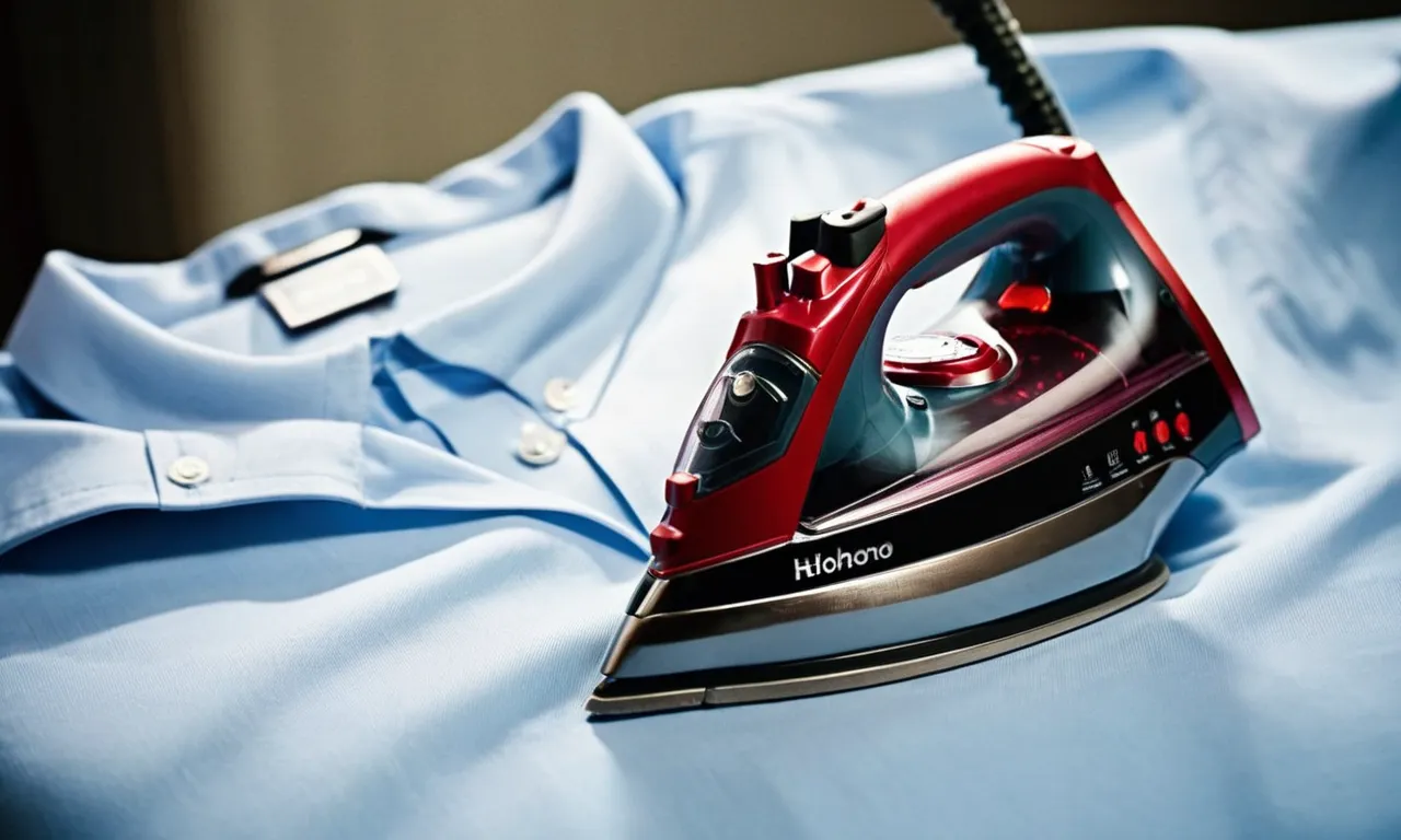 A close-up shot of a steam iron resting on a perfectly pressed shirt, showcasing its sleek design and highlighting its non-leaking feature, ready to tackle any wrinkle with precision.