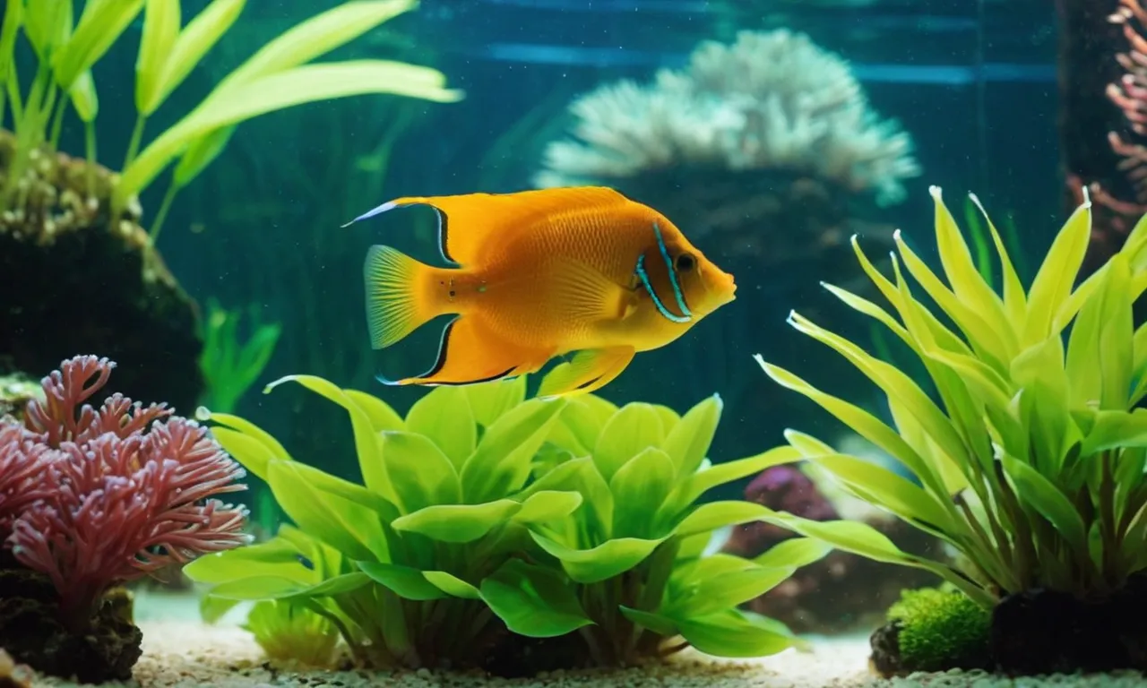 A close-up shot of a tropical fish swimming amidst lush green aquatic plants, bathed in vibrant and carefully calibrated aquarium lighting, effectively preventing algae growth.