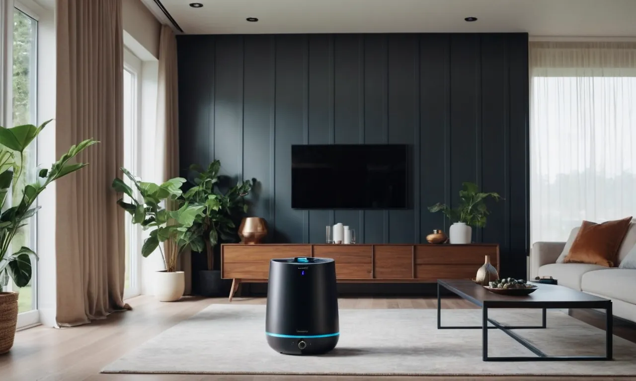 A wide-angle shot capturing a sleek, modern humidifier placed strategically in a spacious living room, enhancing the air quality and comfort for a 1000 square feet area.