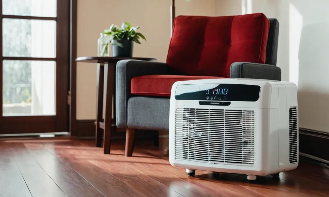 A photo capturing a compact and sleek portable air conditioner with a price tag of under $100, placed next to a cozy chair in a well-lit room, offering relief from the sweltering heat.