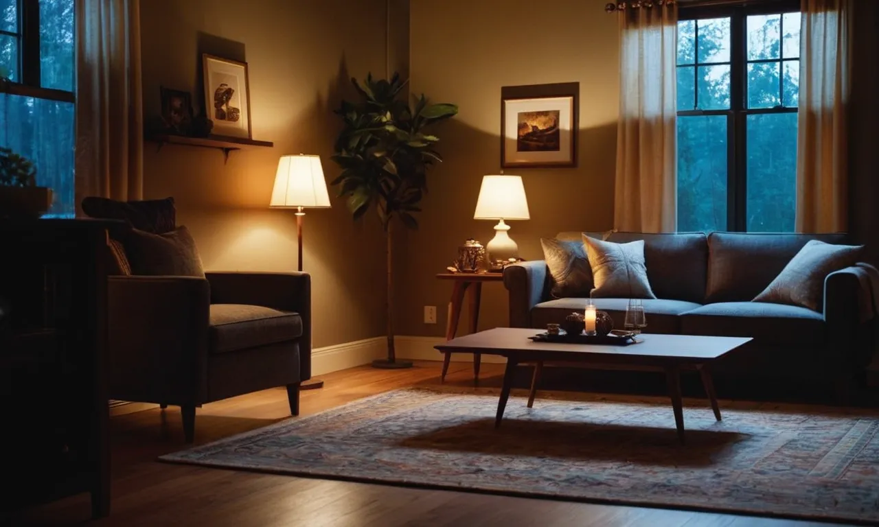 A dimly lit room with a battery-operated motion sensor light illuminating the space, casting a soft glow on the surrounding furniture and creating a cozy ambiance.