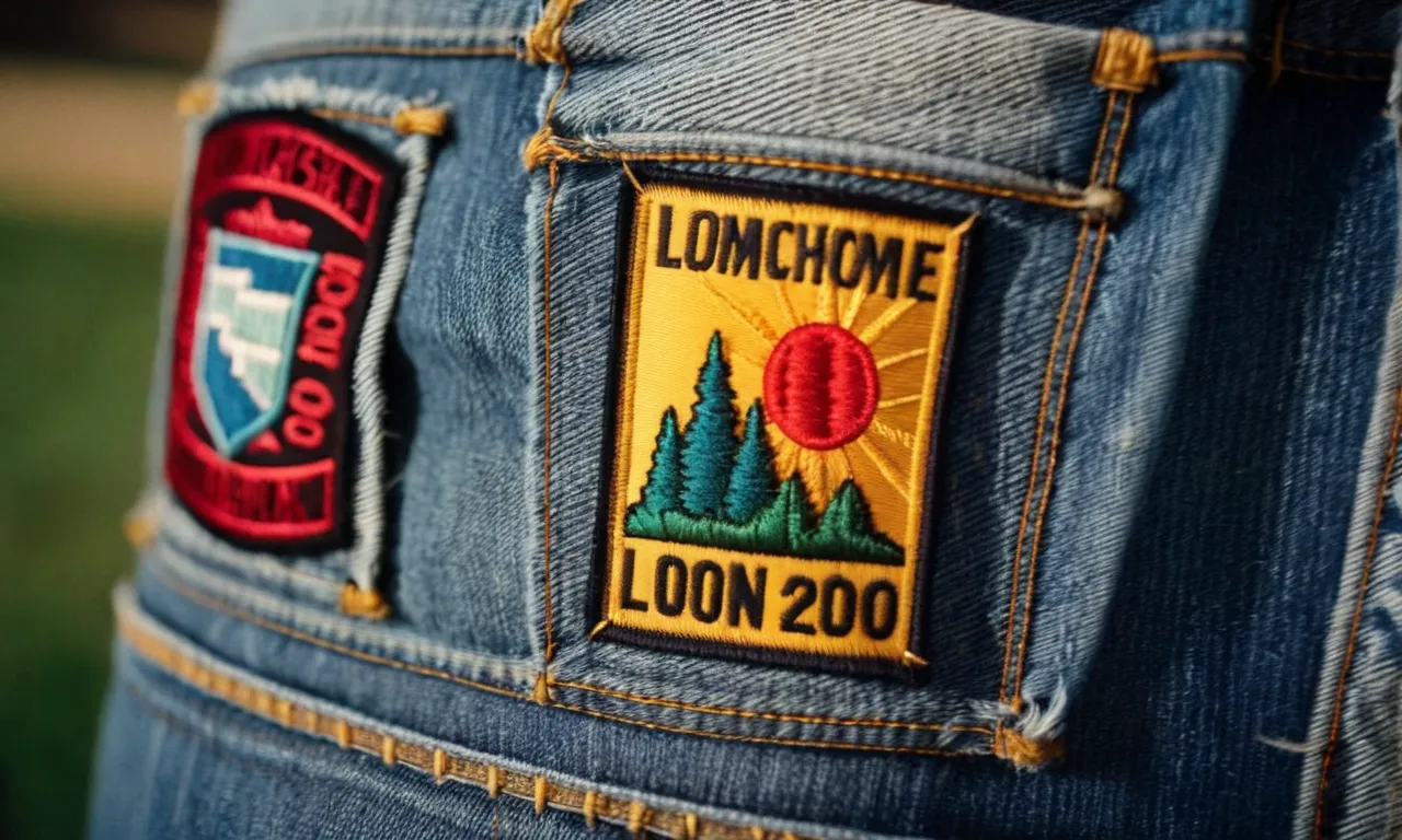 A close-up shot of a pair of worn-out jeans adorned with colorful, intricately designed iron-on patches, adding a unique and personalized touch to the denim fabric.